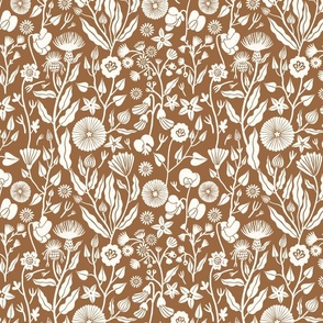 Romantic inspired white hand drawn flowers on a sand brown background 