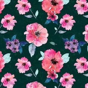 Dark moody poppies - hand painted floral - dark green and hot pink