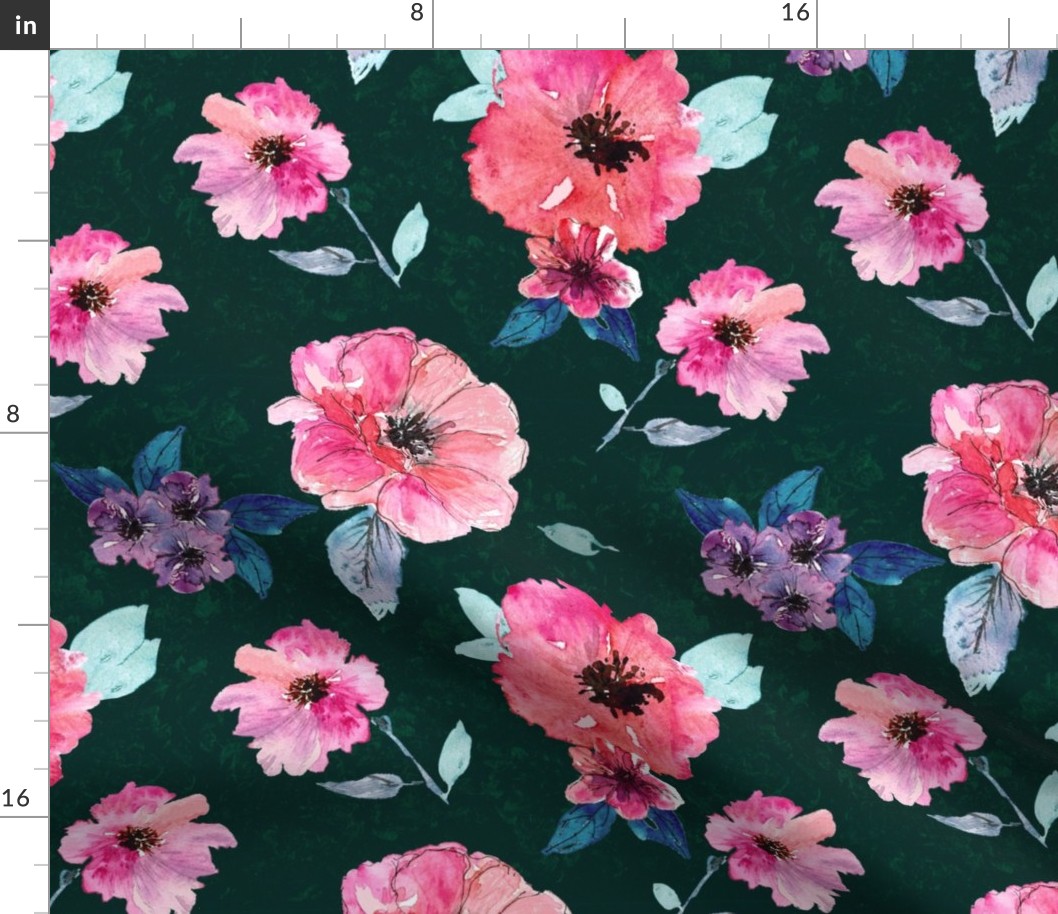Dark moody poppies - hand painted floral - dark green and hot pink