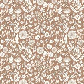 Romantic inspired white hand drawn flowers on a pastel brown background 