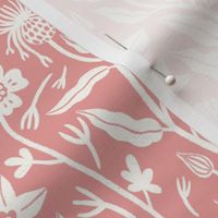 Romantic inspired white hand drawn flowers on a pastel pink background 