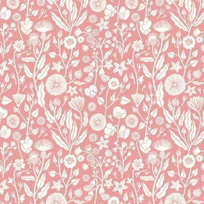 Romantic inspired white hand drawn flowers on a pastel pink background 