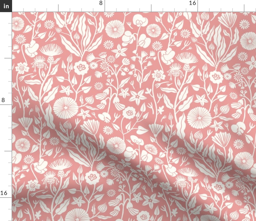 Romantic inspired white hand drawn flowers on a pastel pink background 