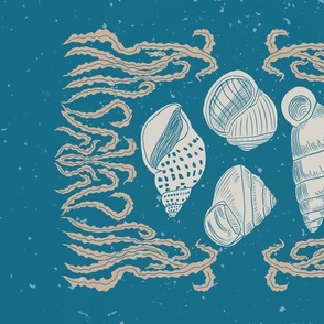 Retro Seashells and Seaweed Block Print Illustration on Ocean Blue