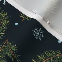 Watercolor pine branches with snowflakes on black