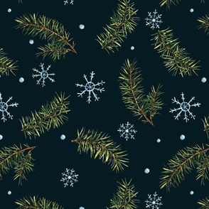 Watercolor pine branches with snowflakes on black