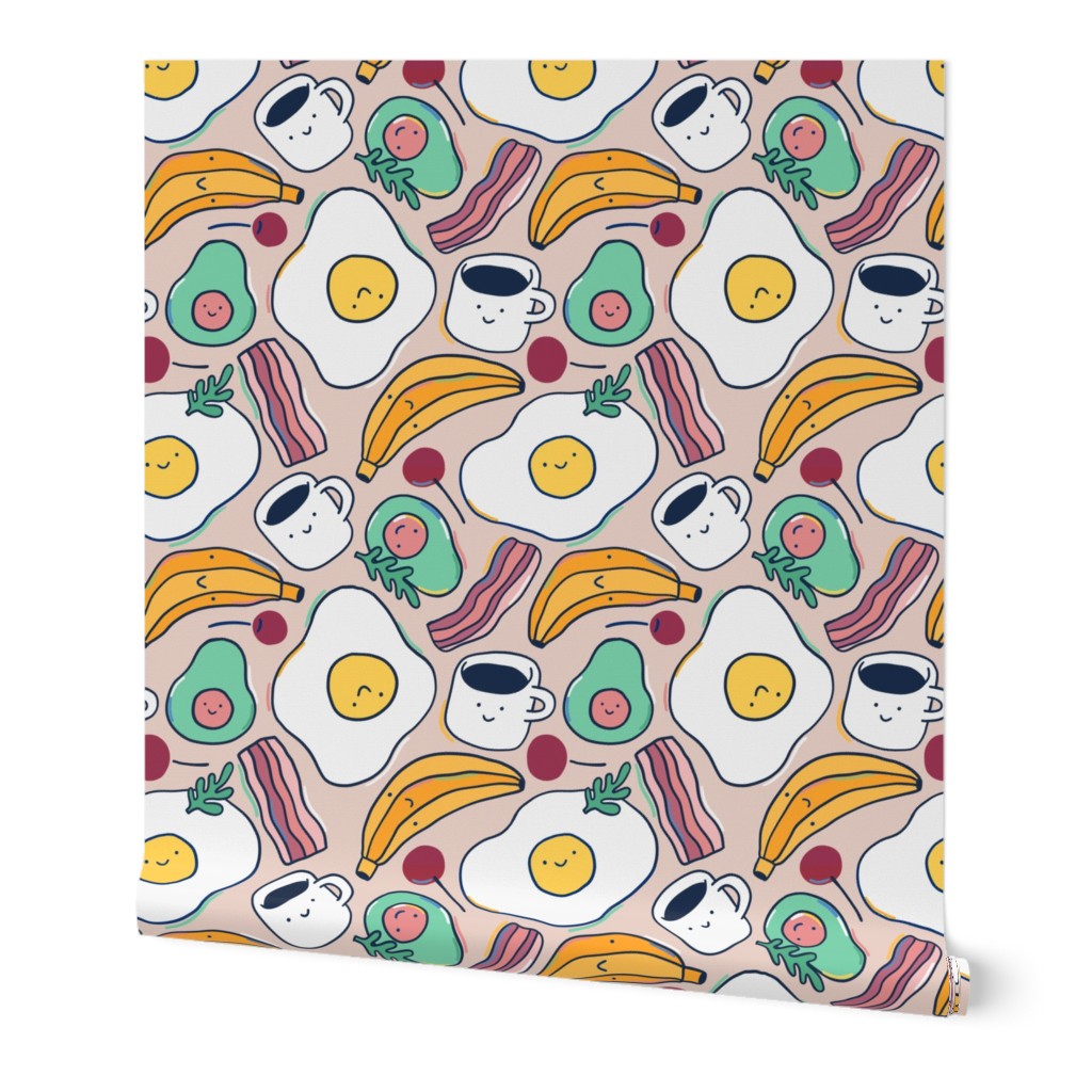 cute breakfast pattern with avocado, fried eggs, bacon, banana, coffee