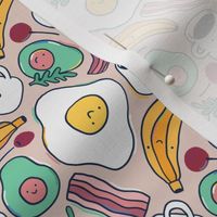 cute breakfast pattern with avocado, fried eggs, bacon, banana, coffee