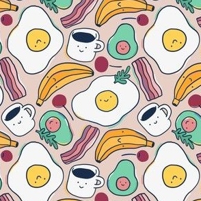 cute breakfast pattern with avocado, fried eggs, bacon, banana, coffee