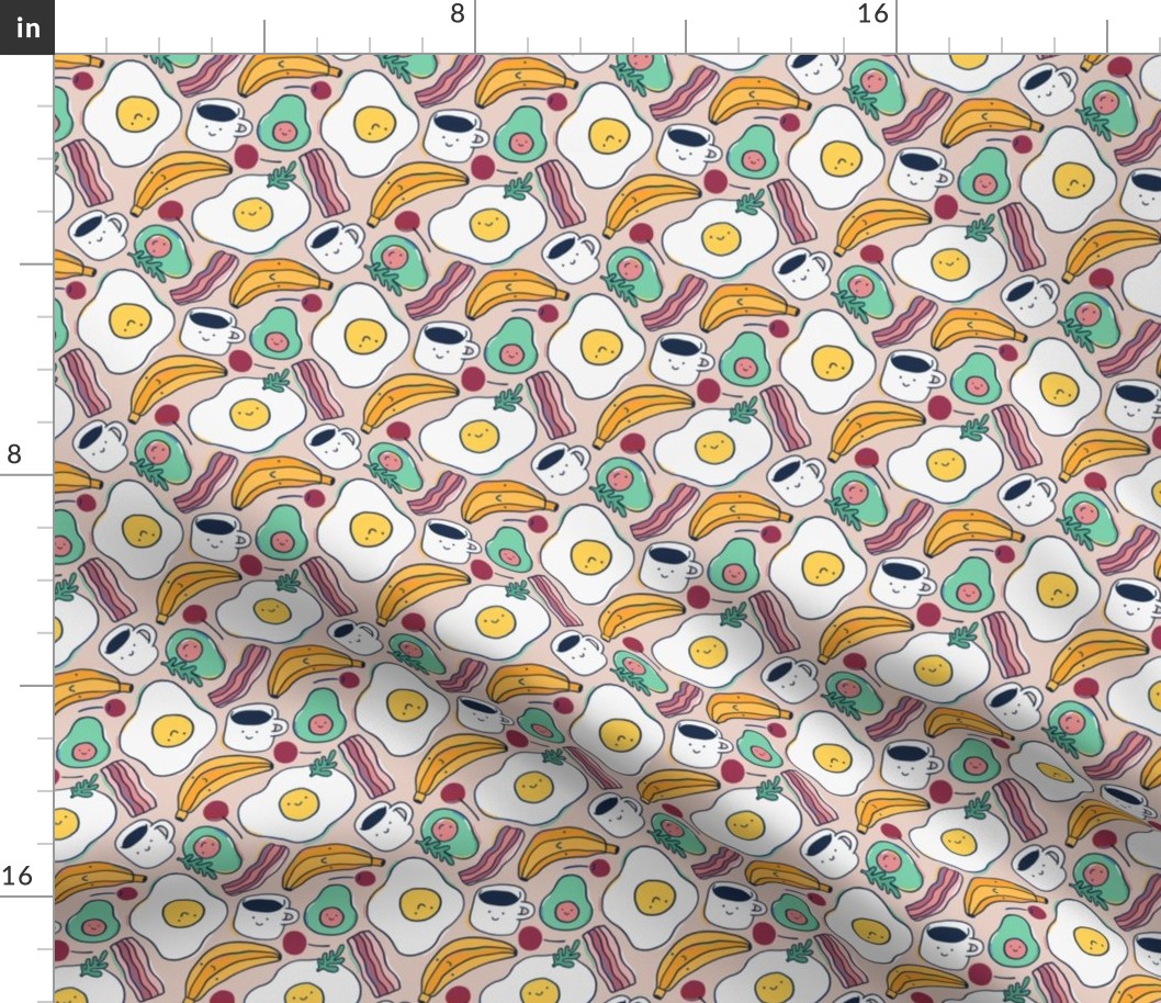 cute breakfast pattern with avocado, fried eggs, bacon, banana, coffee