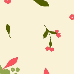 Minimalistic Low Volume Pink and Green Flowers and Leaves on Light Background // Jumbo