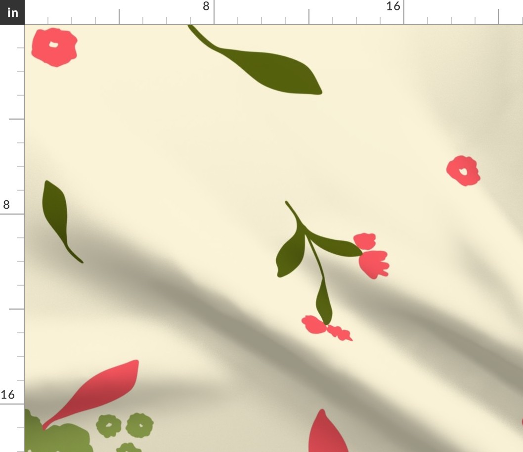 Minimalistic Low Volume Pink and Green Flowers and Leaves on Light Background // Jumbo