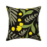 Packed Lime Yellow Flowers with Green Leaves on Black Background // Jumbo