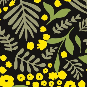 Packed Lime Yellow Flowers with Green Leaves on Black Background // Jumbo