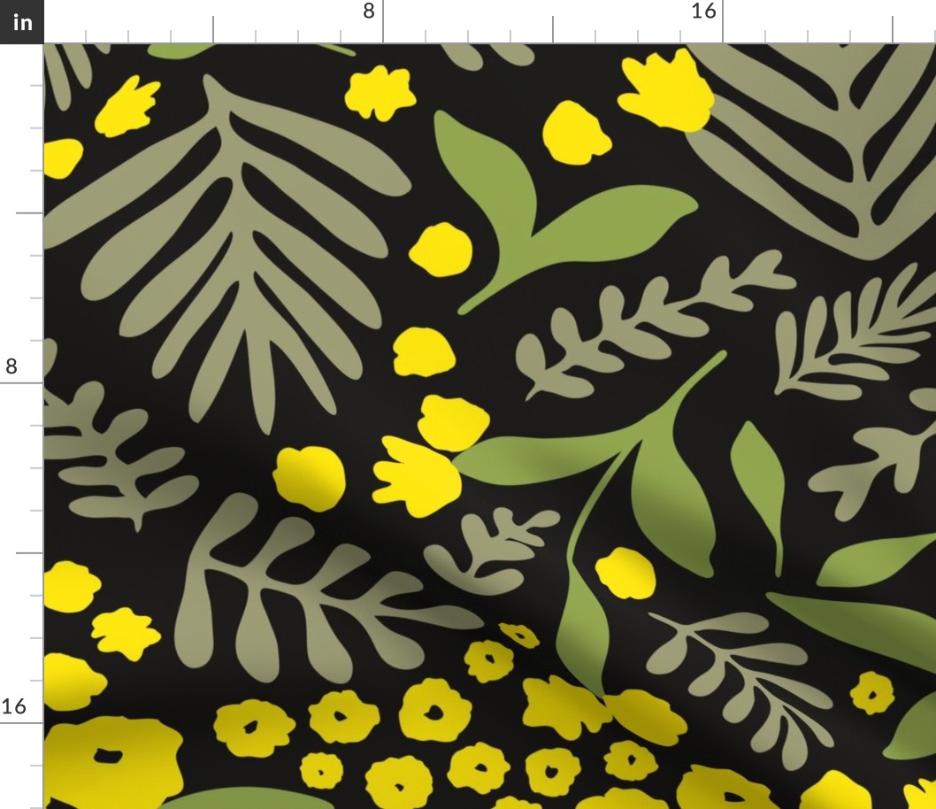 Packed Lime Yellow Flowers with Green Leaves on Black Background // Jumbo