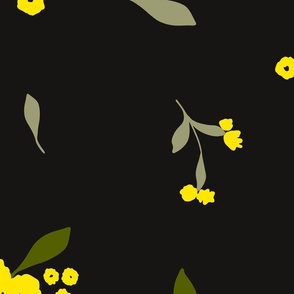 Minimalistic Lime Yellow Flowers and Leaves on Black Background // Jumbo