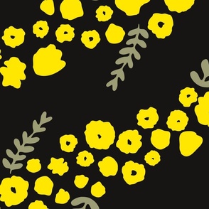 Minimalistic Diagonal Lime Yellow Flowers on Black Background // Jumbo