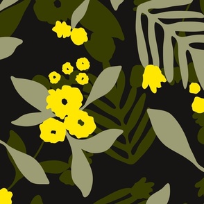 Dense Lime Yellow Flowers with Green Leaves on Black Background // Jumbo
