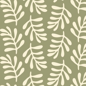 Geometric Cream Colored Leaves on Sage Olive Green Background // Medium