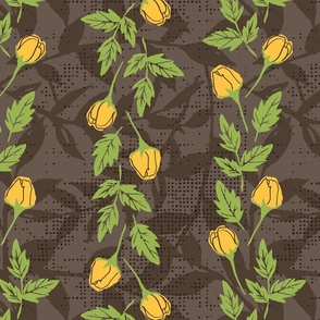 Vintage vertical stripe trailing mango yellow floral buds with green leaves on brown background