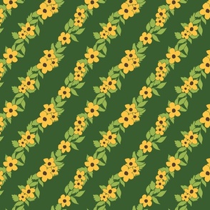 Minimalistic yellow flowers with bright green leaves on dark green background, diagonal trailing stripes