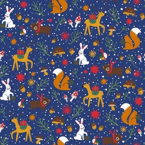 Forest animals in a winter landscape on a dark blue background