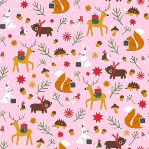 Forest animals in a winter landscape on a pink background