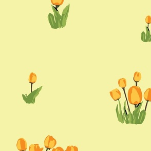 Bright mango orange/yellow tulip in small clusters on light yellow background