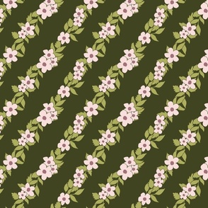 Minimalistic pink flowers with light green leaves on dark green background, diagonal trailing stripes
