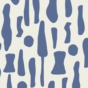 Medium scale, ancient abstract artifacts block print, vertical pattern in blue and beige.