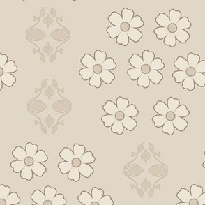 Light and Airy Stylized Floral and Leaf Motifs at 7.5 Inch Repeat