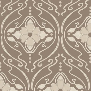 Art Nouveau Inspired Floral with Leaves in Light, Warm Beiges Against Cinereous Background with 5.3 Inch Repeat  