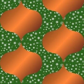 Copper Ornament on green background with snowflakes