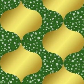 Gold Ornament on green background with snowrflakes