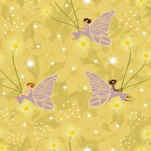 Marigold Yellow Girls Flower Fairy Bedroom, Dreamy Floral Fantasy, Cornflower White Sparkle Stars, Magical Pink Fairy Design