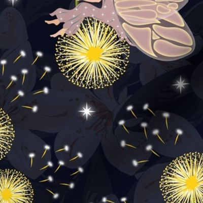 Magical Flower Fairies, Pink Fairy Princess Floral Wishes, Flying Faerie Nursery Girls Night Time Stars on Midnight Blue Night Sky Golden Yellow Flowers, Multicultural Kids Pattern, Bedtime Story Girls Fairy Garden, Twinkling Shining Bright White Stars, C