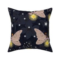 Magical Flower Fairies, Pink Fairy Princess Floral Wishes, Flying Faerie Nursery Girls Night Time Stars on Midnight Blue Night Sky Golden Yellow Flowers, Multicultural Kids Pattern, Bedtime Story Girls Fairy Garden, Twinkling Shining Bright White Stars