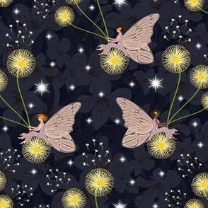 Magical Flower Fairies, Pink Fairy Princess Floral Wishes, Flying Faerie Nursery Girls Night Time Stars on Midnight Blue Night Sky Golden Yellow Flowers, Multicultural Kids Pattern, Bedtime Story Girls Fairy Garden, Twinkling Shining Bright White Stars