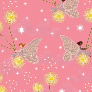 Dandelion Blossom Flower Fairies, Whimsical Pink Floral Fairy Design, Little Girl Pink Bedroom, Magical Fairy Wings on Salmon Pink 
