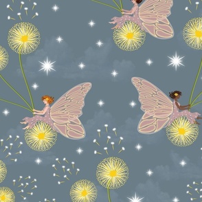 Make a Wish Yellow Dandelion Flower Fantasy, White Fluffy Clouds, Sparkly White Shining Stars, Cute Fairy Flower Garden, Girls Pink Nursery Decor