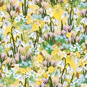 Winter Flowers Sunshine Snowdrop Flowers, Wild Winter Jasmine Flowers, Crocus Flowers, Sunny Day Yellow Floral Linen Texture (Medium Scale)