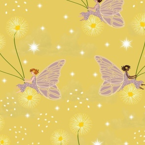 Yellow Dandelion Flower Fairy Fantasy Pattern, Pink Lilac Luster Princess Dress, Light Mustard Yellow Girls Bedroom Floral