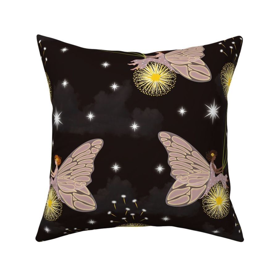 Night Time Clouds Floral Fantasy, Pink Flower Fairy Garden, Yellow Flowers Kid Decor, Golden Yellow Dandelion Wishes on Chocolate Brown Little Girds bedroom Dream Wall Décor Enchanted Fairy Secret Garden Magical fairy Wings Little Girds bedroom Dream Wall