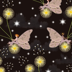 Night Time Clouds Floral Fantasy, Pink Flower Fairy Garden, Yellow Flowers Kid Decor, Golden Yellow  Dandelion Wishes on Chocolate Brown