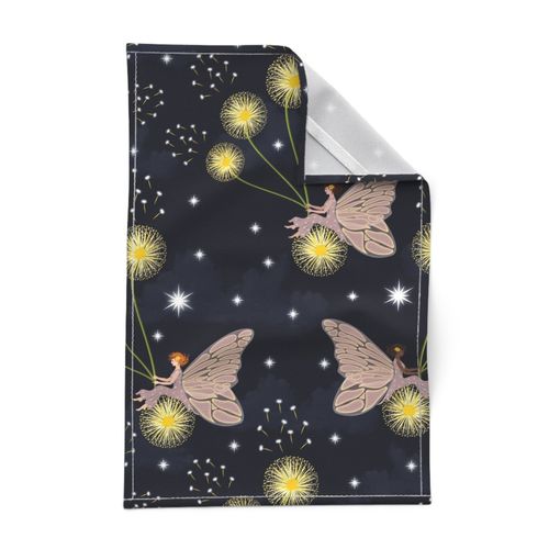 Night Sky Fairy Wishes Flower Garden Design, Flying Fairies on Cloudy Sky, Shining White Stars on Dark Midnight Navy Blue Pattern, Night Sky & Fairies Decor, Baby Girl Fairy Dreams, White Lily Nursery Design, Birthday Party Fairy Fun, Kids Love Fairies 