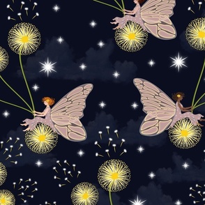 Night Sky Fairy Wishes Flower Garden Design, Flying Fairies on Cloudy Sky, Shining White Stars on Dark Midnight Navy Blue Pattern