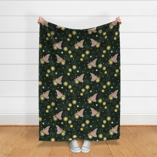 Magical Emerald Forest Fairy Fantasy Faeries Pattern, Faerie Pink Yellow Garden Drawing, Dandelion Flower Wishes on Cloudy Dark Emerald Green Night Time Sky, Enchanted Flying Fairy Secret Garden, Magical Fairy Wings, Little Girls Bedroom Dream Wall Décor