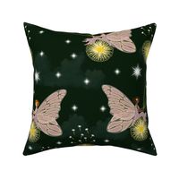 Magical Emerald Forest Fairy Fantasy Faeries Pattern, Faerie Pink Yellow Garden Drawing, Dandelion Flower Wishes on Cloudy Dark Emerald Green Night Time Sky, Enchanted Flying Fairy Secret Garden, Magical Fairy Wings, Little Girls Bedroom Dream Wall Décor