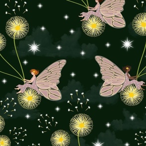 Magical Emerald Forest Fairy Fantasy Faeries Pattern, Faerie Pink Yellow Garden Drawing, Dandelion Flower Wishes on Cloudy Dark Emerald Green Night Time Sky, Enchanted Flying Fairy Secret Garden, Magical Fairy Wings, Little Girls Bedroom Dream Wall Décor