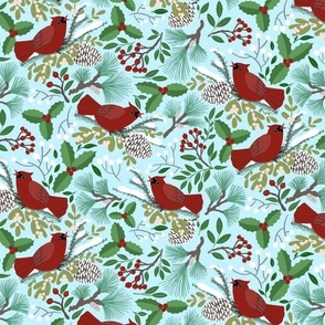Cardinals and winter botanicals on sky blue - 14”